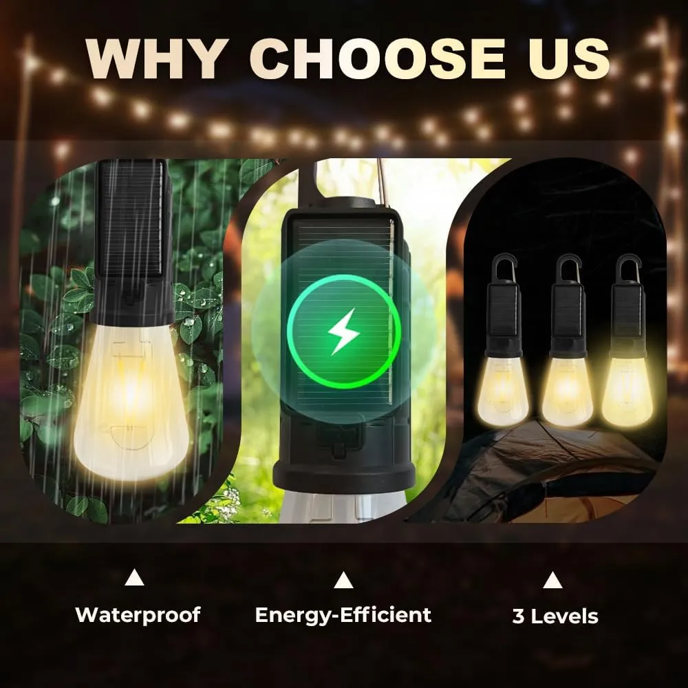 Solar Rechargeable Hooked Camping Light – Waterproof LED Camp Light Bulbs with 3 Brightness Modes, Dual Charging, Portable Camp Bulbs for Hiking, Tents, Outdoor & Emergency Use (Spherical, 3)