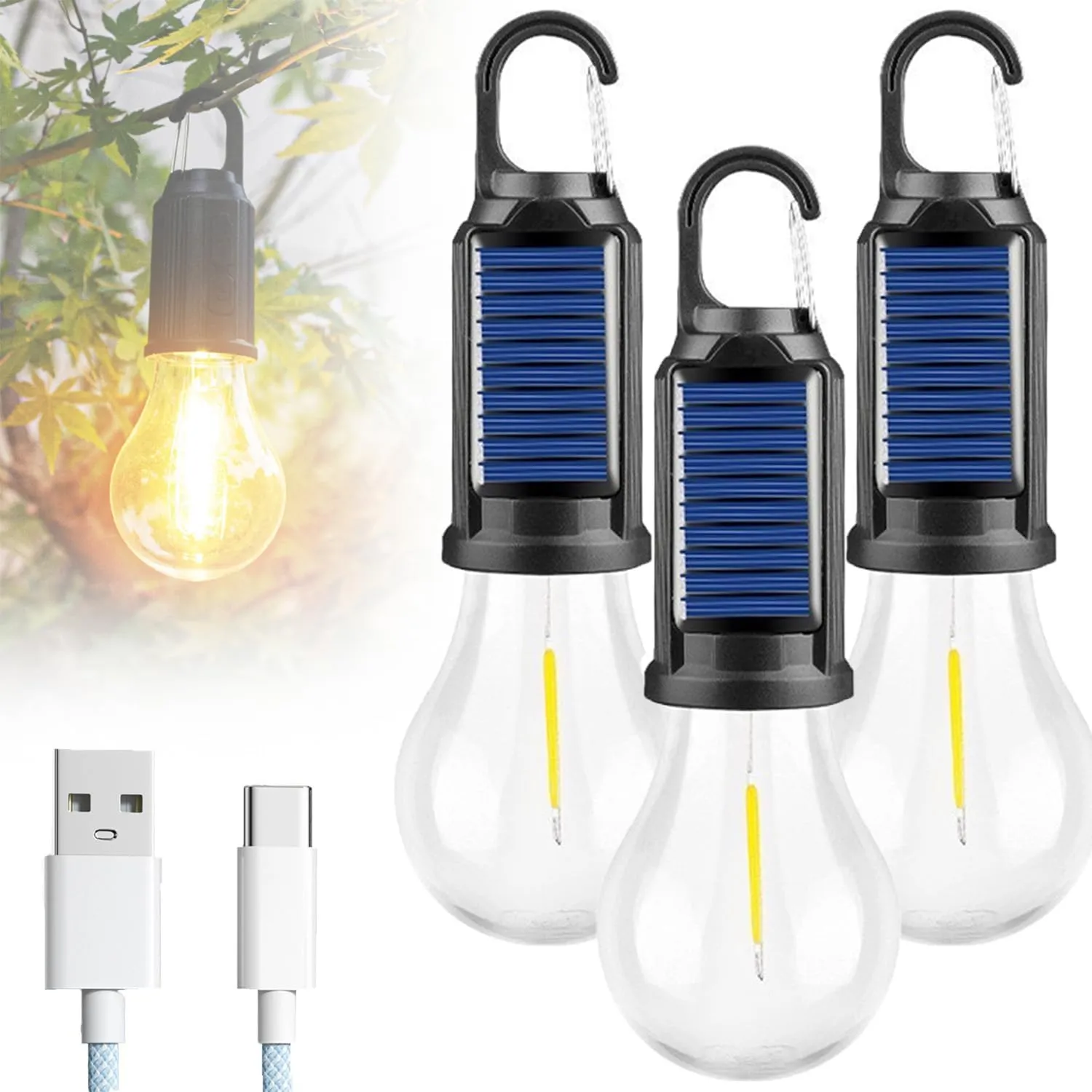 Solar Rechargeable Hooked Camping Light – Waterproof LED Camp Light Bulbs with 3 Brightness Modes, Dual Charging, Portable Camp Bulbs for Hiking, Tents, Outdoor & Emergency Use (Spherical, 3)