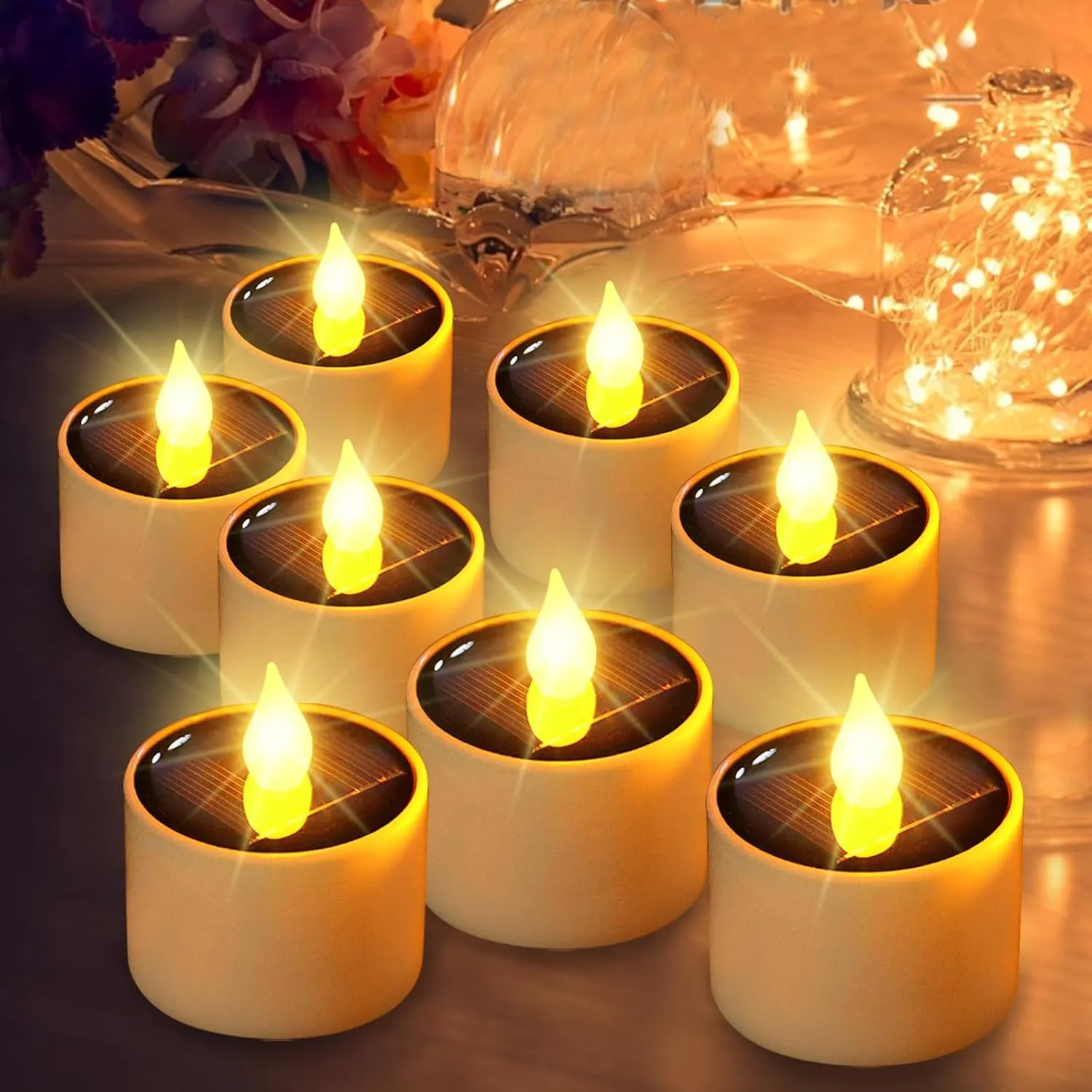 Solar Tea Lights Outdoor Waterproof - 8 Pack Rechargeable Flickering Candle Lights Solar Powered Reusable LED Candles Flameless Lamp Nightlights for Lanterns Garden Camping Home Decor, 2.3''x2.1''