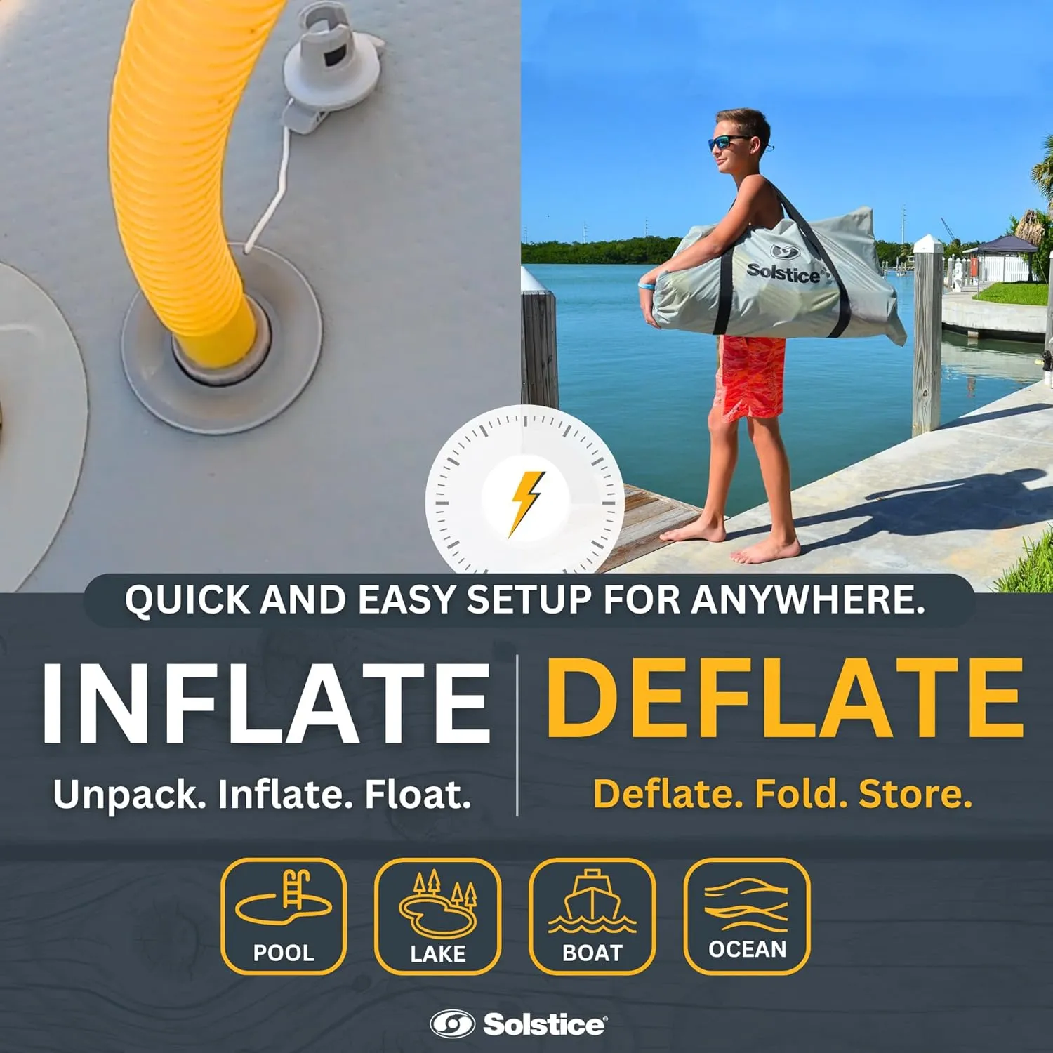SOLSTICE 6-Person Classic Inflatable Dock, Floating Water Raft Platform, 8ft x 5ft - Outdoor Fun for Lake, River, Swimming Pool & Beach, Includes Pump w/Gauge, Carry Bag & Repair Kit