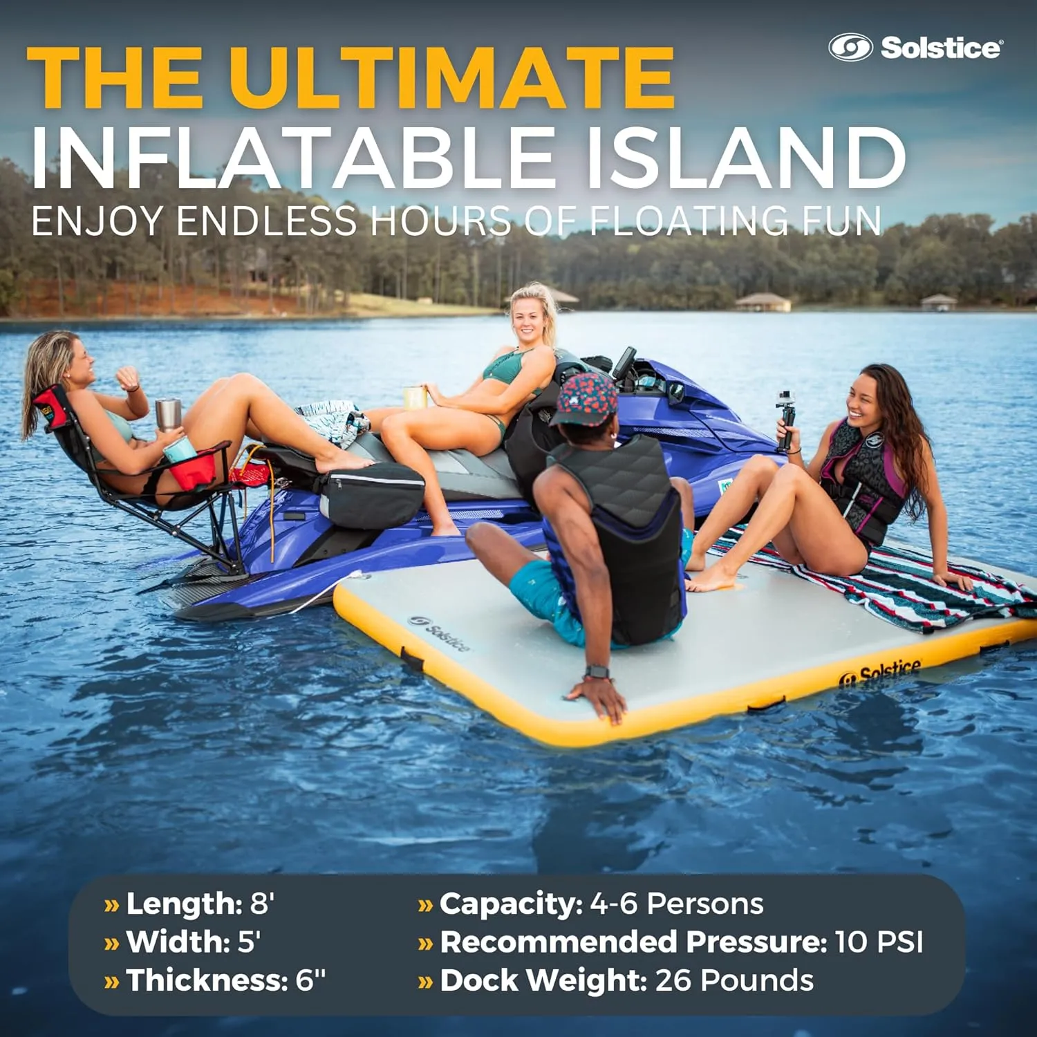 SOLSTICE 6-Person Classic Inflatable Dock, Floating Water Raft Platform, 8ft x 5ft - Outdoor Fun for Lake, River, Swimming Pool & Beach, Includes Pump w/Gauge, Carry Bag & Repair Kit