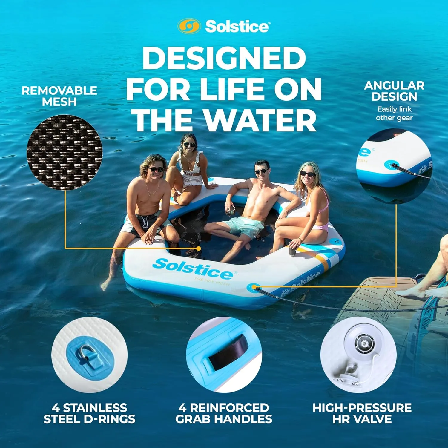 SOLSTICE Original Inflatable Mesh Dock Platform Series for Lake Boat Pool Ocean | for Adults Kids & Pet Dogs Up to 10 People | Rafts with Mesh Options | Various Water Mat Swim Raft Shapes & Sizes
