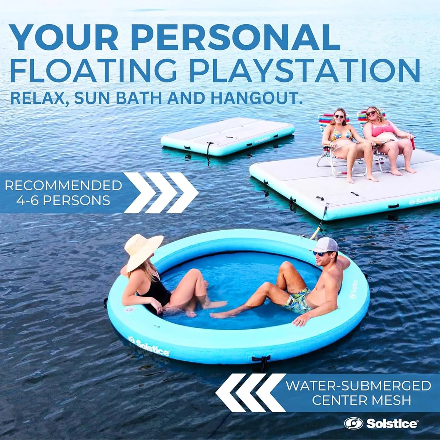 SOLSTICE Original Inflatable Mesh Dock Platform Series for Lake Boat Pool Ocean | for Adults Kids & Pet Dogs Up to 10 People | Rafts with Mesh Options | Various Water Mat Swim Raft Shapes & Sizes