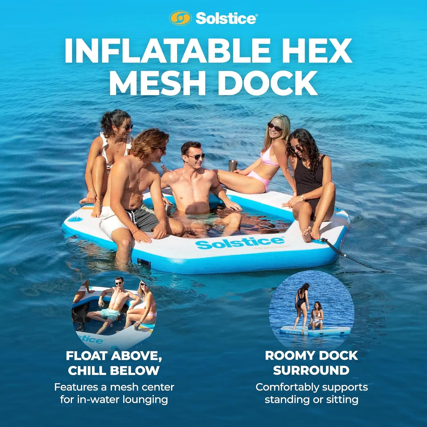 SOLSTICE Original Inflatable Mesh Dock Platform Series for Lake Boat Pool Ocean | for Adults Kids & Pet Dogs Up to 10 People | Rafts with Mesh Options | Various Water Mat Swim Raft Shapes & Sizes