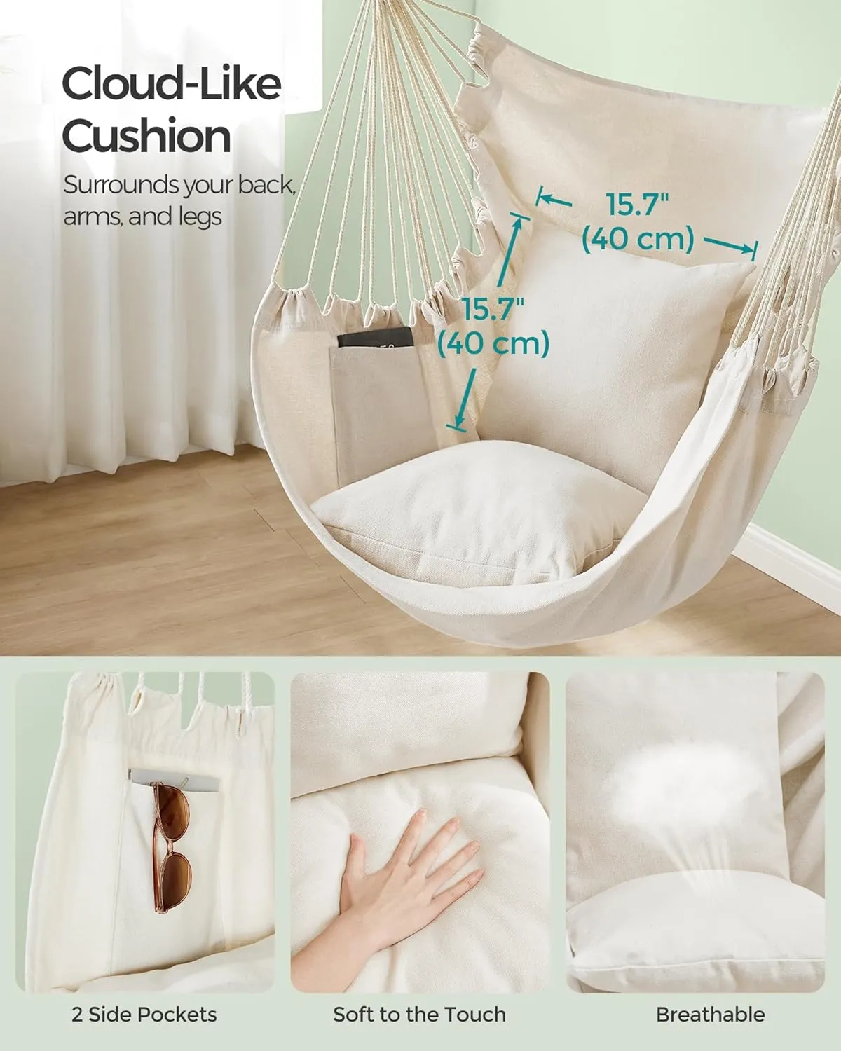 SONGMICS Hammock Chair, Load Capacity 500 lb, Hanging Chair with 2 Cushions, Large Hammock Swing with Chain and Pocket, for Indoor, Outdoor, Living Room, Bedroom, Cream White UGDC197M01