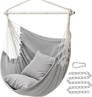 SONGMICS Hammock Chair, Load Capacity 500 lb, Hanging Chair with 2 Cushions, Large Hammock Swing with Chain and Pocket, for Indoor, Outdoor, Living Room, Bedroom, Dove Gray UGDC197G01