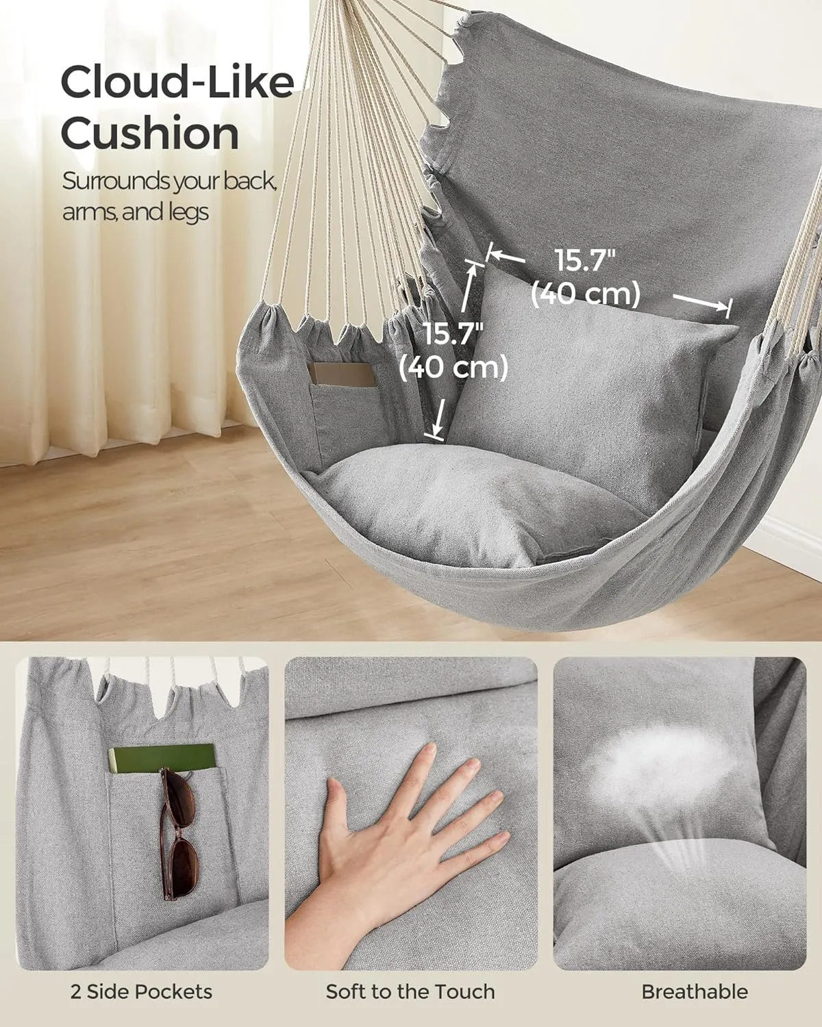 SONGMICS Hammock Chair, Load Capacity 500 lb, Hanging Chair with 2 Cushions, Large Hammock Swing with Chain and Pocket, for Indoor, Outdoor, Living Room, Bedroom, Dove Gray UGDC197G01