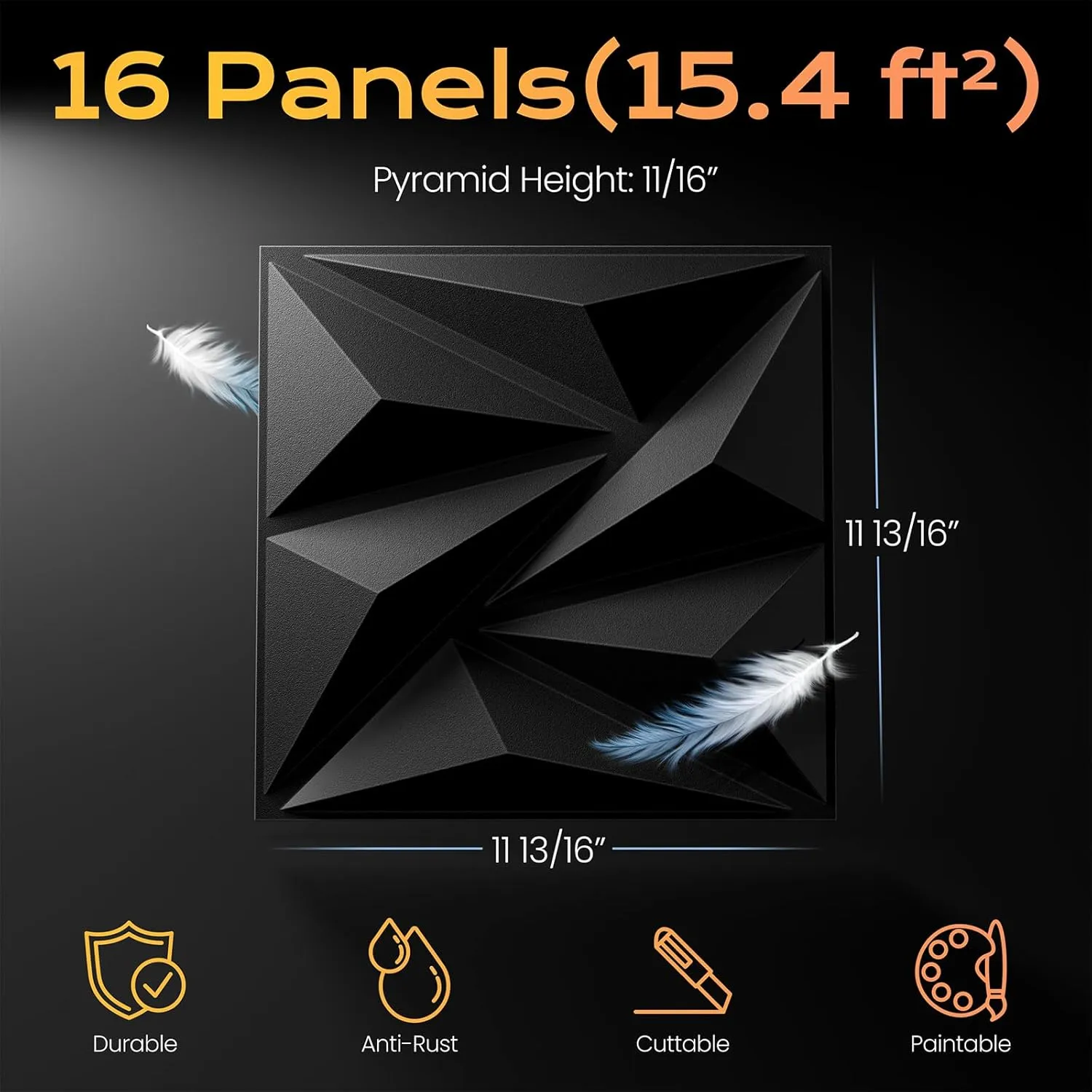 Sonicism Wall Panels Upgrade 16 Pack,0.7”x11.8”x11.8”Pyramid 3D Wall Panels Creative Cutting,PVC Wall Panels for Interior Wall Decor Fire Resistant,Wall Tiles for Various Scenes(Charcoal Black)