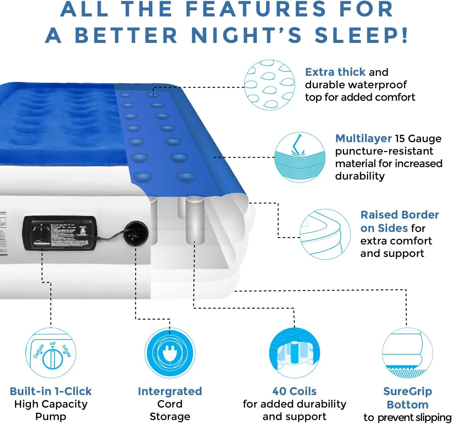 SoundAsleep Dream Series Luxury Air Mattress with ComfortCoil Technology & Built-in High Capacity Pump for Home & Camping- Double Height, Adjustable, Inflatable Blow Up, Portable - Twin XL Size