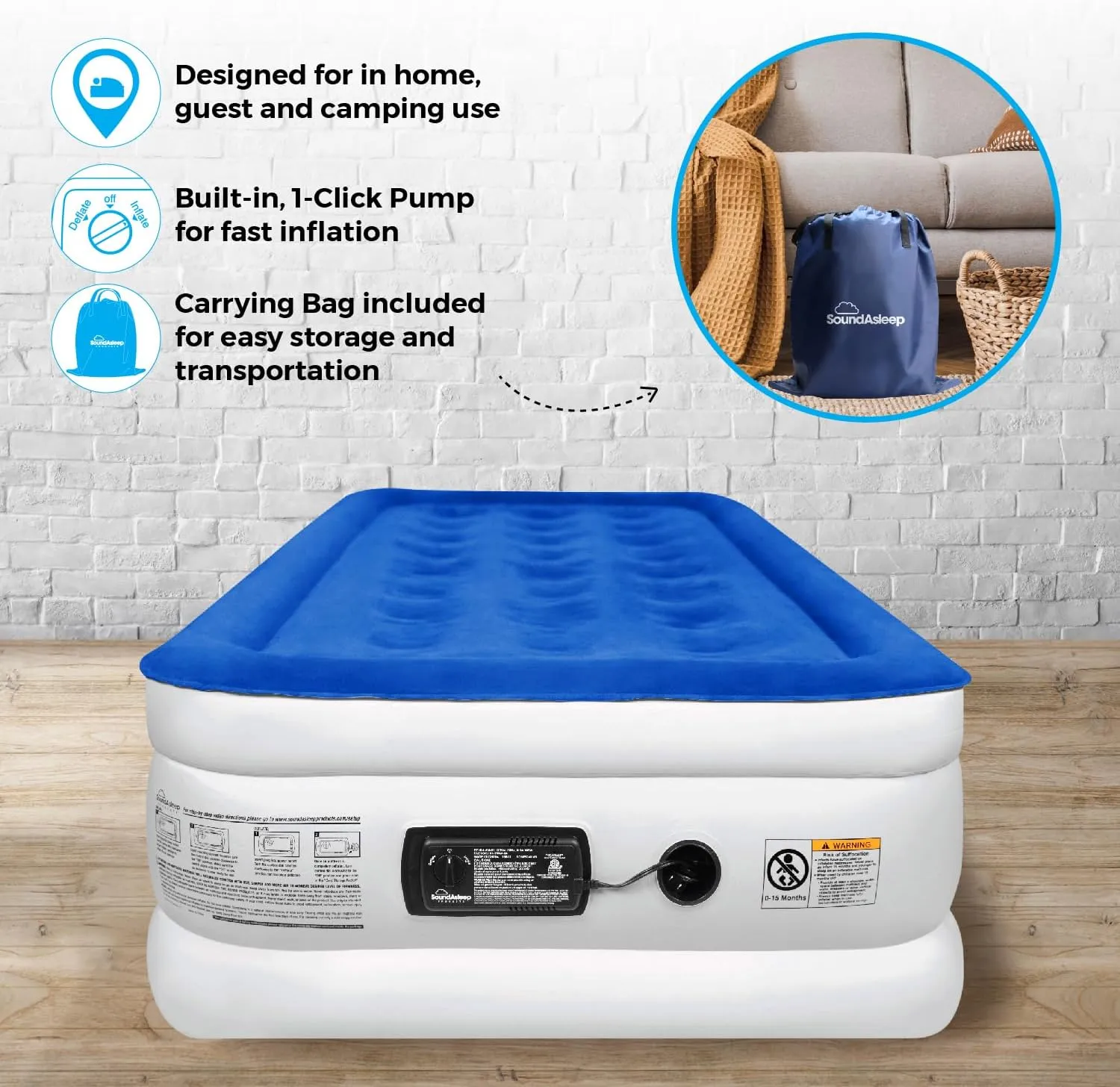 SoundAsleep Dream Series Luxury Air Mattress with ComfortCoil Technology & Built-in High Capacity Pump for Home & Camping- Double Height, Adjustable, Inflatable Blow Up, Portable - Twin XL Size
