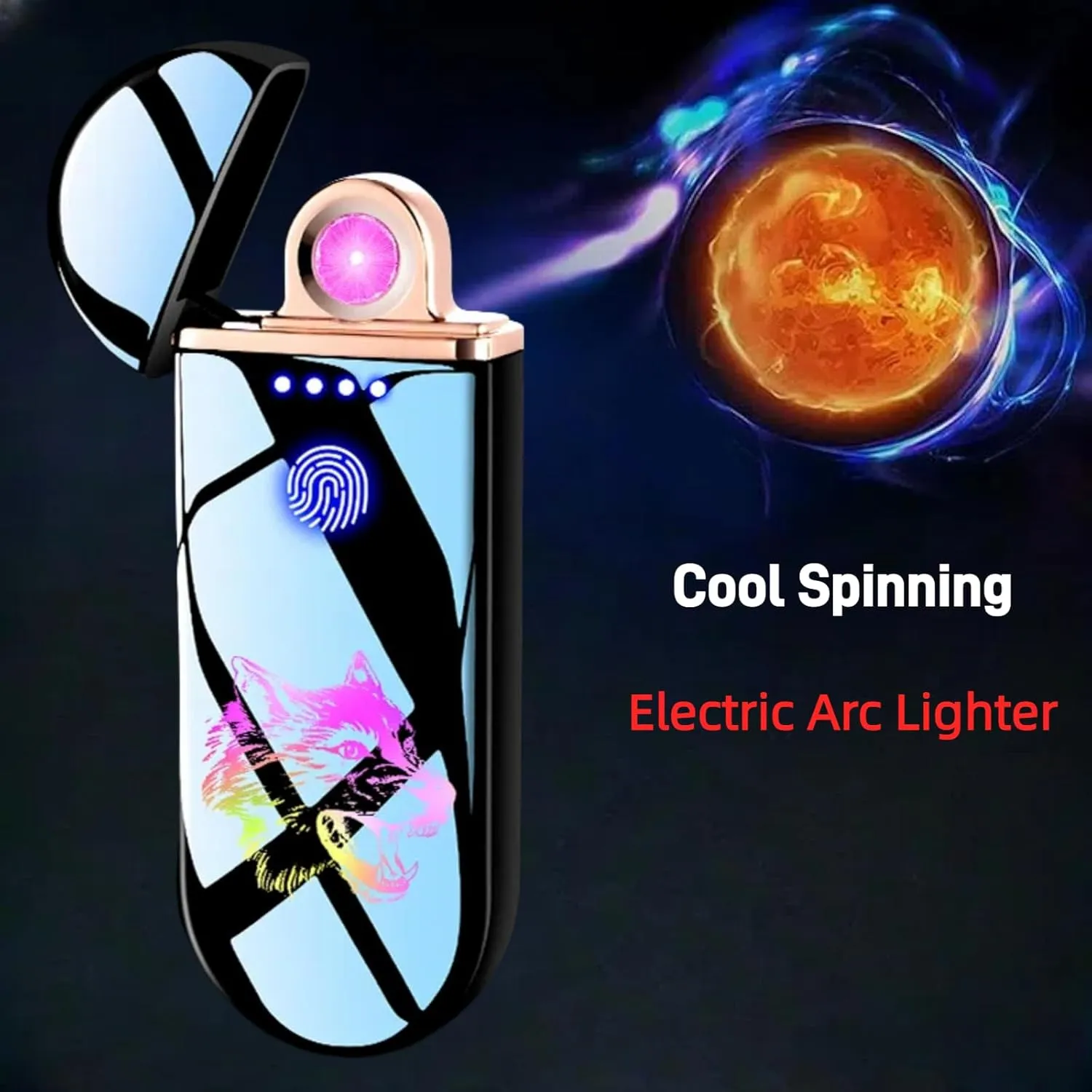 Spinning Arc Lighter, Windproof Flameless Electric Lighter, Touch Sensor Electronic Lighters, USB Rechargeable, with Dynamic Cool LED Lights, Wolf (Frosted Black)