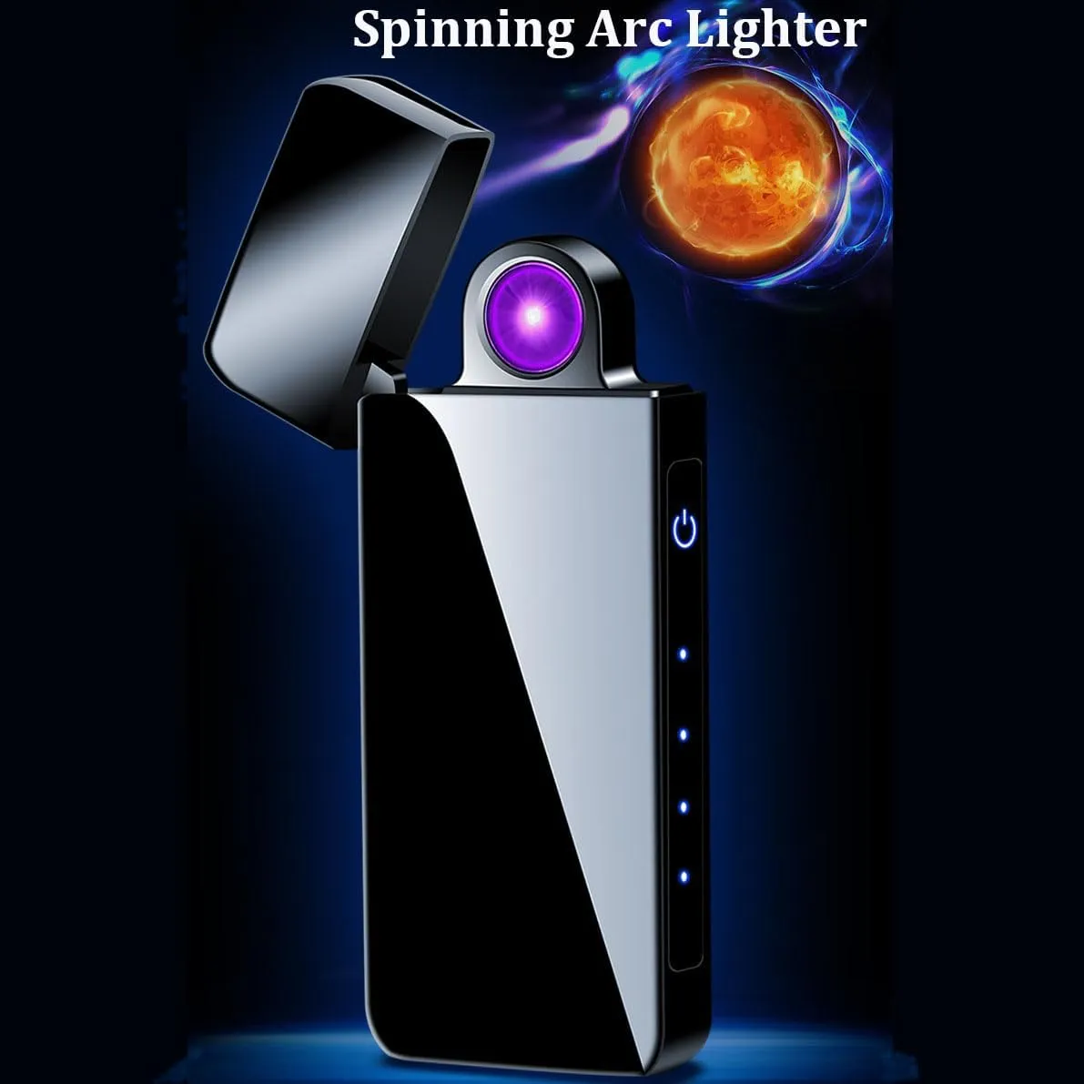 Spinning Arc Lighter，USB Rechargeable Pocket Lighter with Touch Sensor Switch LED Battery Level Indicators（Icy Black）