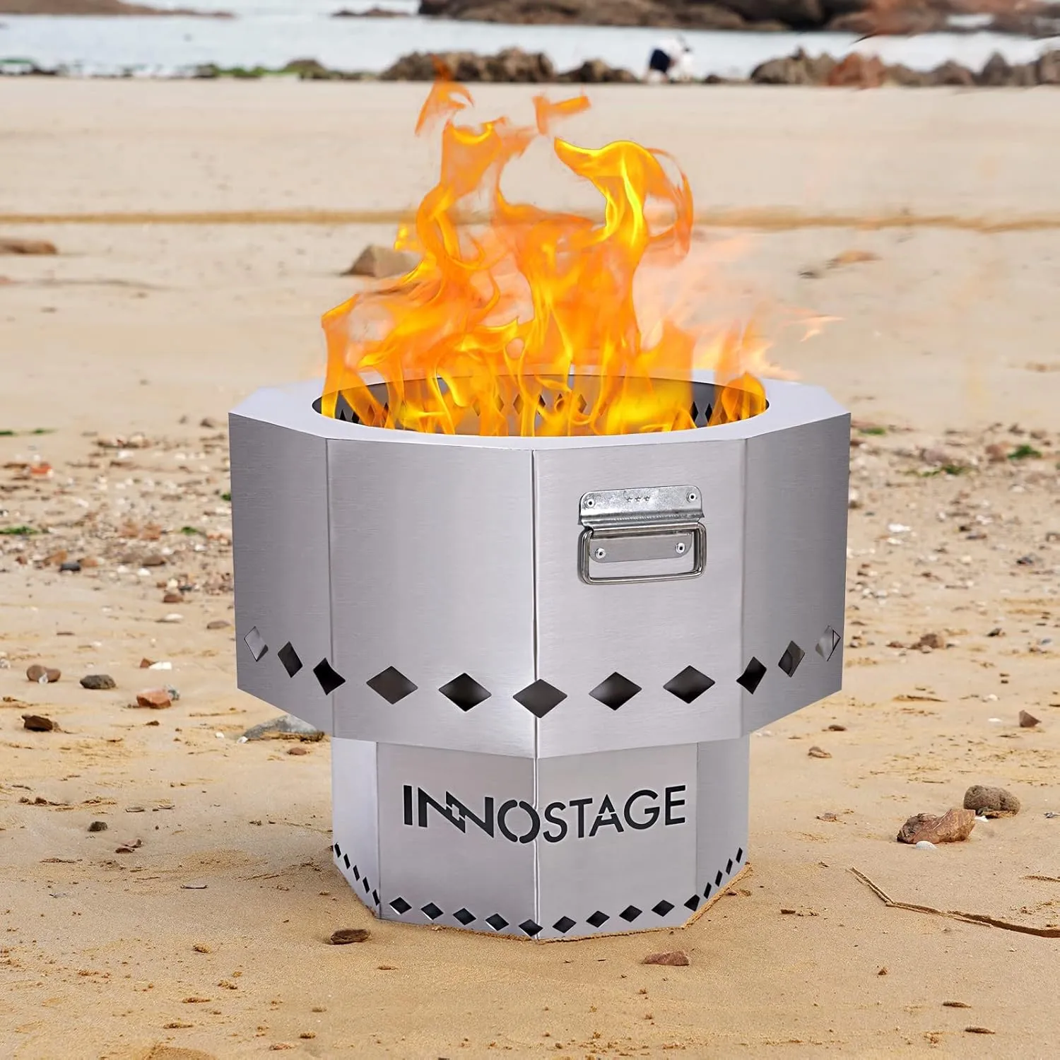 Stainless Steel Fire Pit - Smokeless Portable Design Woodpellet Firepits with Enhanced Airflow for Efficient Flames - Perfect for Outdoor Gatherings of 4-6 People - Easy to Use and Maintain