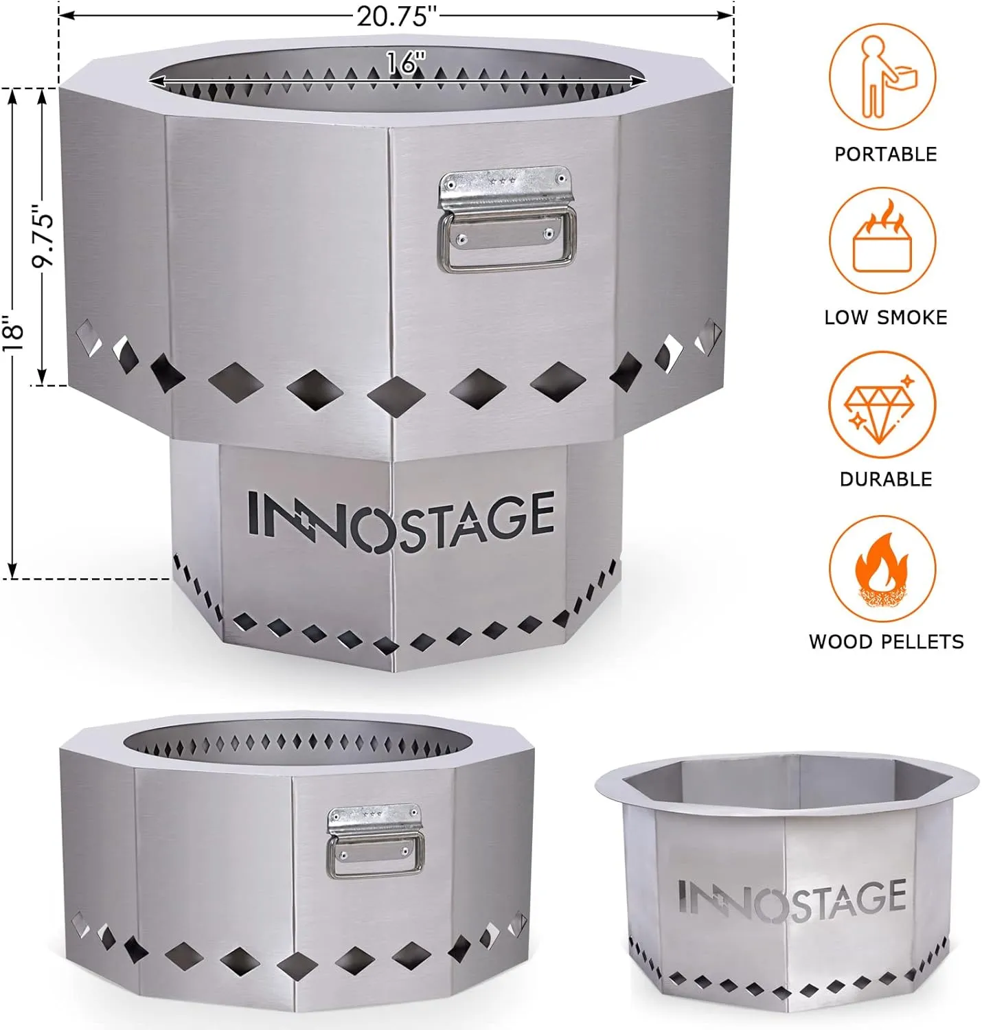 Stainless Steel Fire Pit - Smokeless Portable Design Woodpellet Firepits with Enhanced Airflow for Efficient Flames - Perfect for Outdoor Gatherings of 4-6 People - Easy to Use and Maintain
