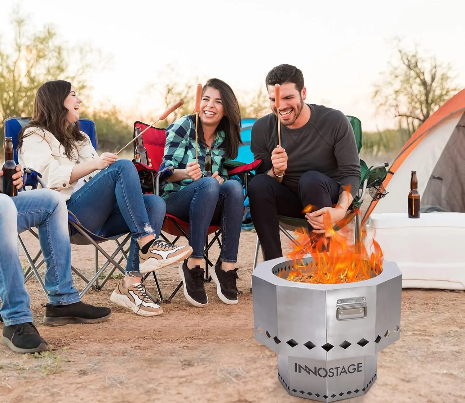 Stainless Steel Fire Pit - Smokeless Portable Design Woodpellet Firepits with Enhanced Airflow for Efficient Flames - Perfect for Outdoor Gatherings of 4-6 People - Easy to Use and Maintain