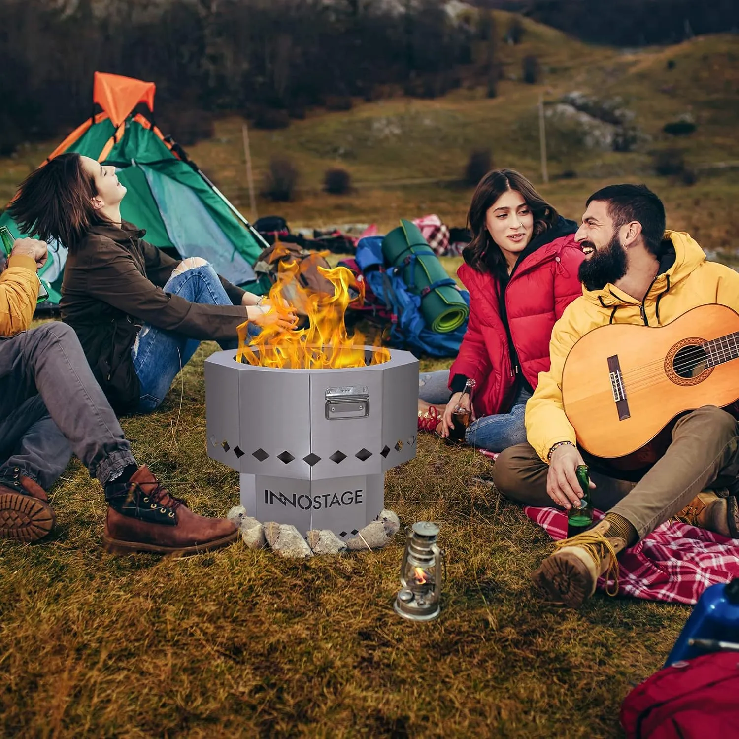 Stainless Steel Fire Pit - Smokeless Portable Design Woodpellet Firepits with Enhanced Airflow for Efficient Flames - Perfect for Outdoor Gatherings of 4-6 People - Easy to Use and Maintain