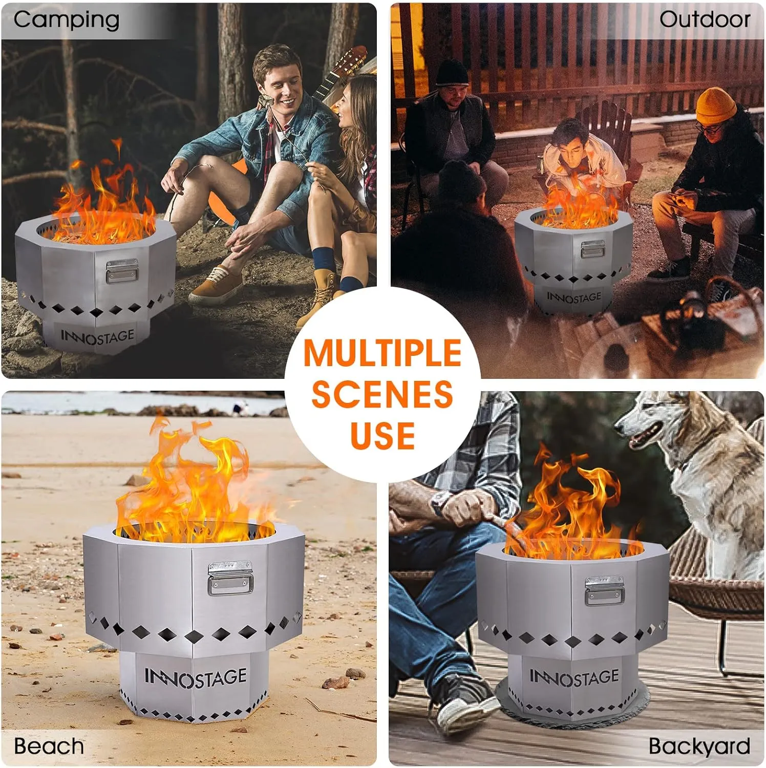 Stainless Steel Fire Pit - Smokeless Portable Design Woodpellet Firepits with Enhanced Airflow for Efficient Flames - Perfect for Outdoor Gatherings of 4-6 People - Easy to Use and Maintain