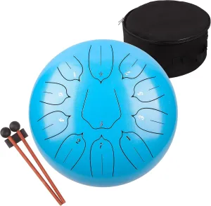 Steel Tongue Drum 12 Inch 11 Notes for Adults - Ethereal Metal Instrument for Meditation & Yoga with Music Book, Mallets & Carry Bag (Blue)