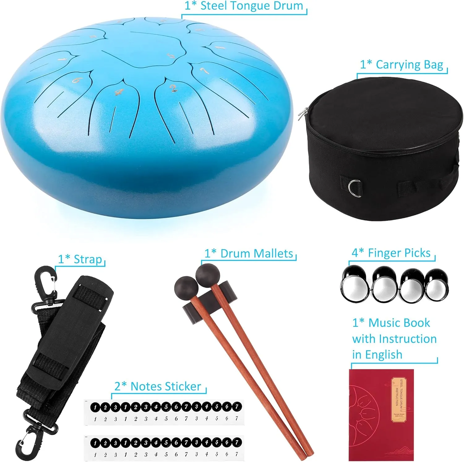 Steel Tongue Drum 12 Inch 11 Notes for Adults - Ethereal Metal Instrument for Meditation & Yoga with Music Book, Mallets & Carry Bag (Blue)