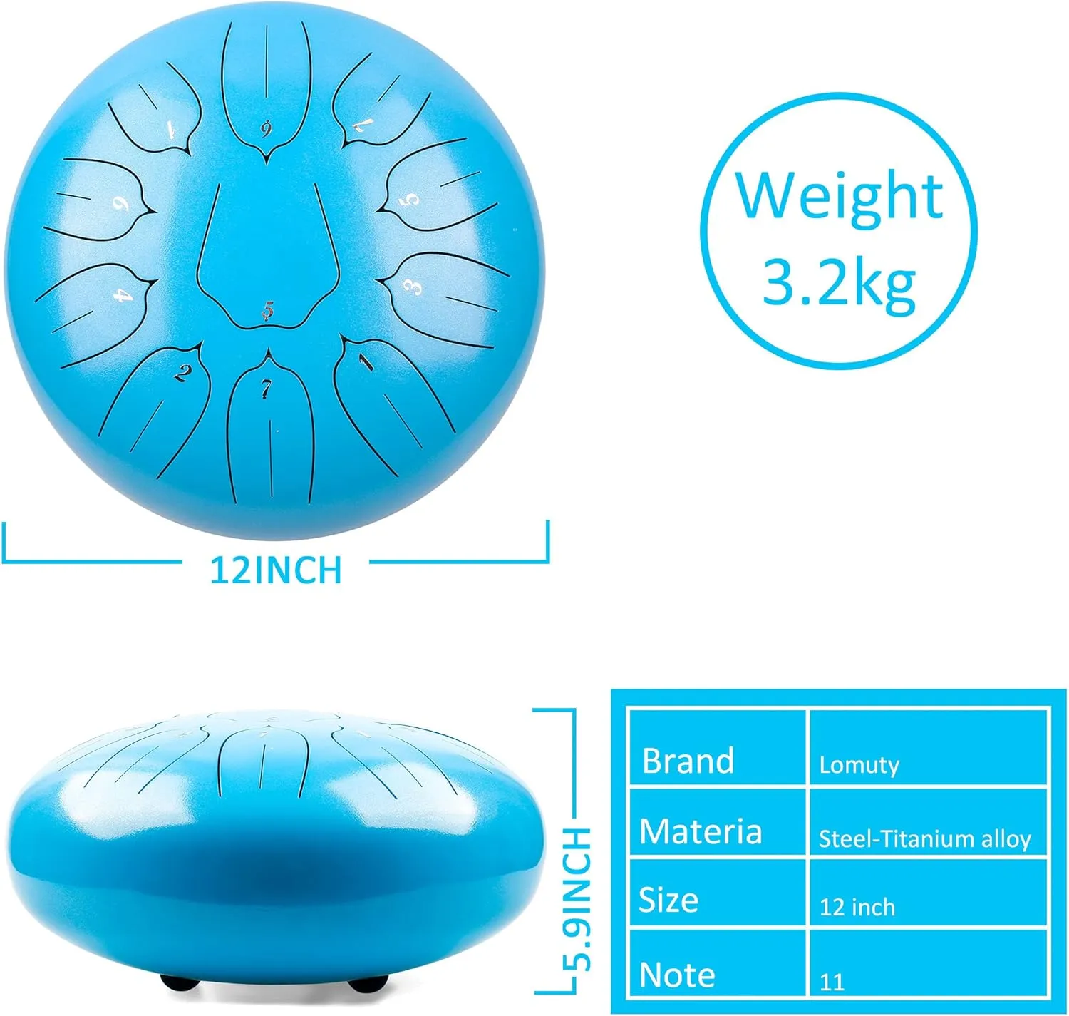 Steel Tongue Drum 12 Inch 11 Notes for Adults - Ethereal Metal Instrument for Meditation & Yoga with Music Book, Mallets & Carry Bag (Blue)