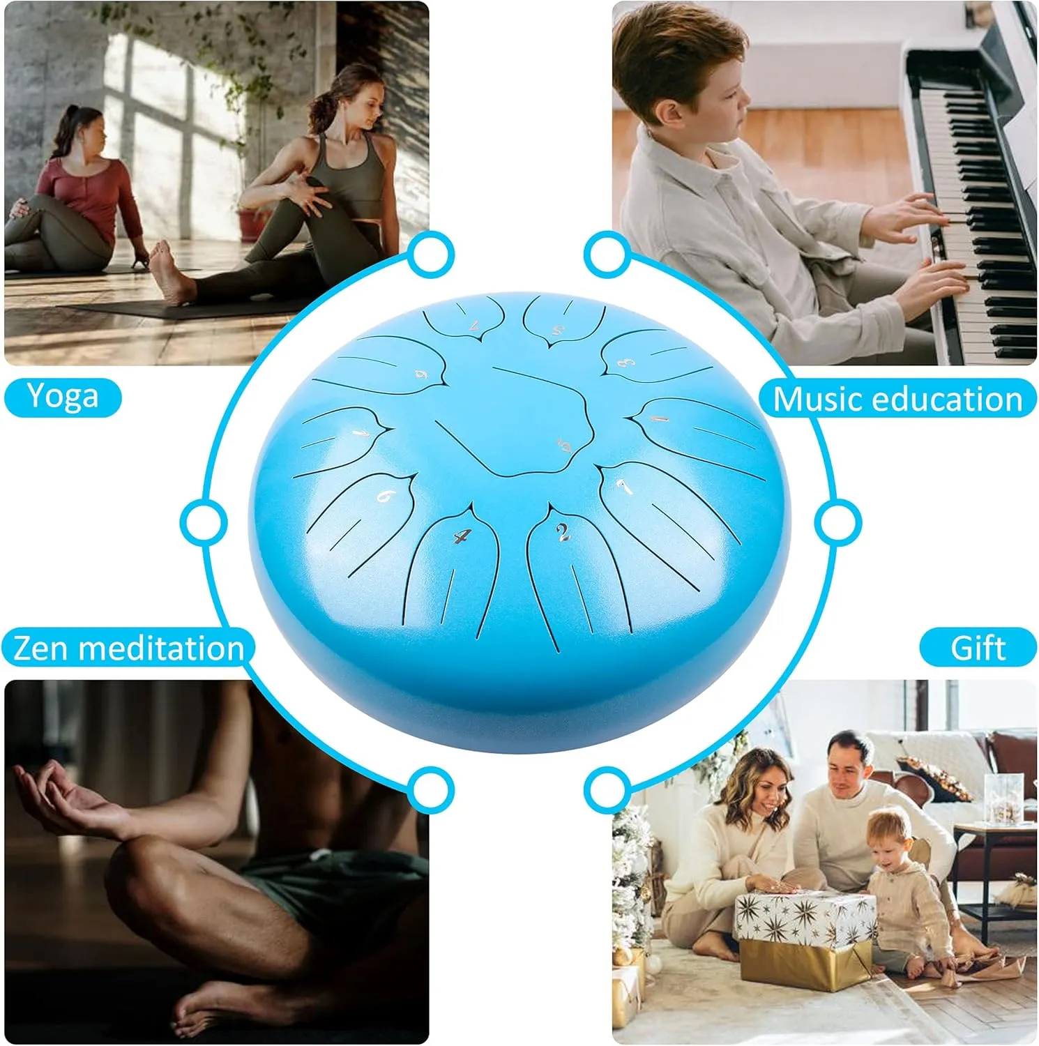 Steel Tongue Drum 12 Inch 11 Notes for Adults - Ethereal Metal Instrument for Meditation & Yoga with Music Book, Mallets & Carry Bag (Blue)
