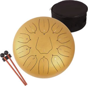 Steel Tongue Drum 12 Inch 11 Notes for Adults - Ethereal Metal Instrument for Meditation & Yoga with Music Book, Mallets & Carry Bag (Gold)