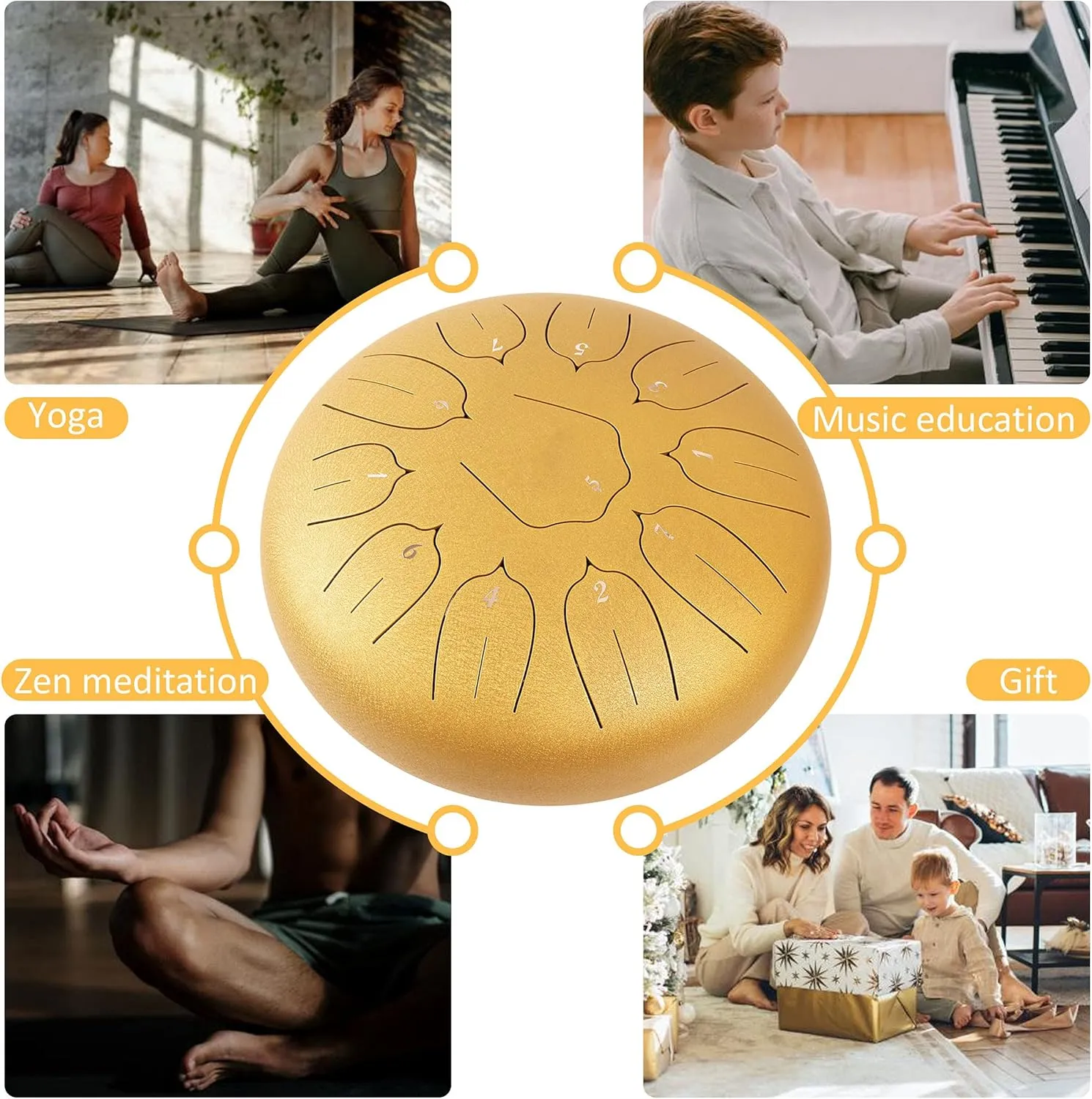 Steel Tongue Drum 12 Inch 11 Notes for Adults - Ethereal Metal Instrument for Meditation & Yoga with Music Book, Mallets & Carry Bag (Gold)