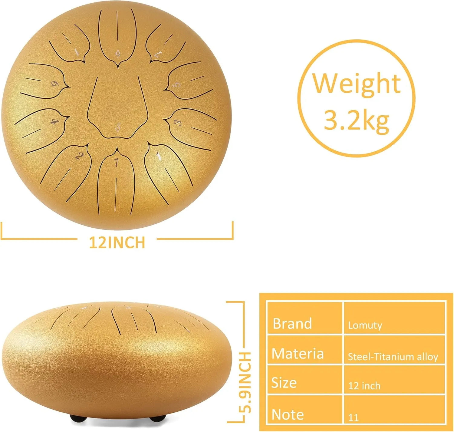 Steel Tongue Drum 12 Inch 11 Notes for Adults - Ethereal Metal Instrument for Meditation & Yoga with Music Book, Mallets & Carry Bag (Gold)