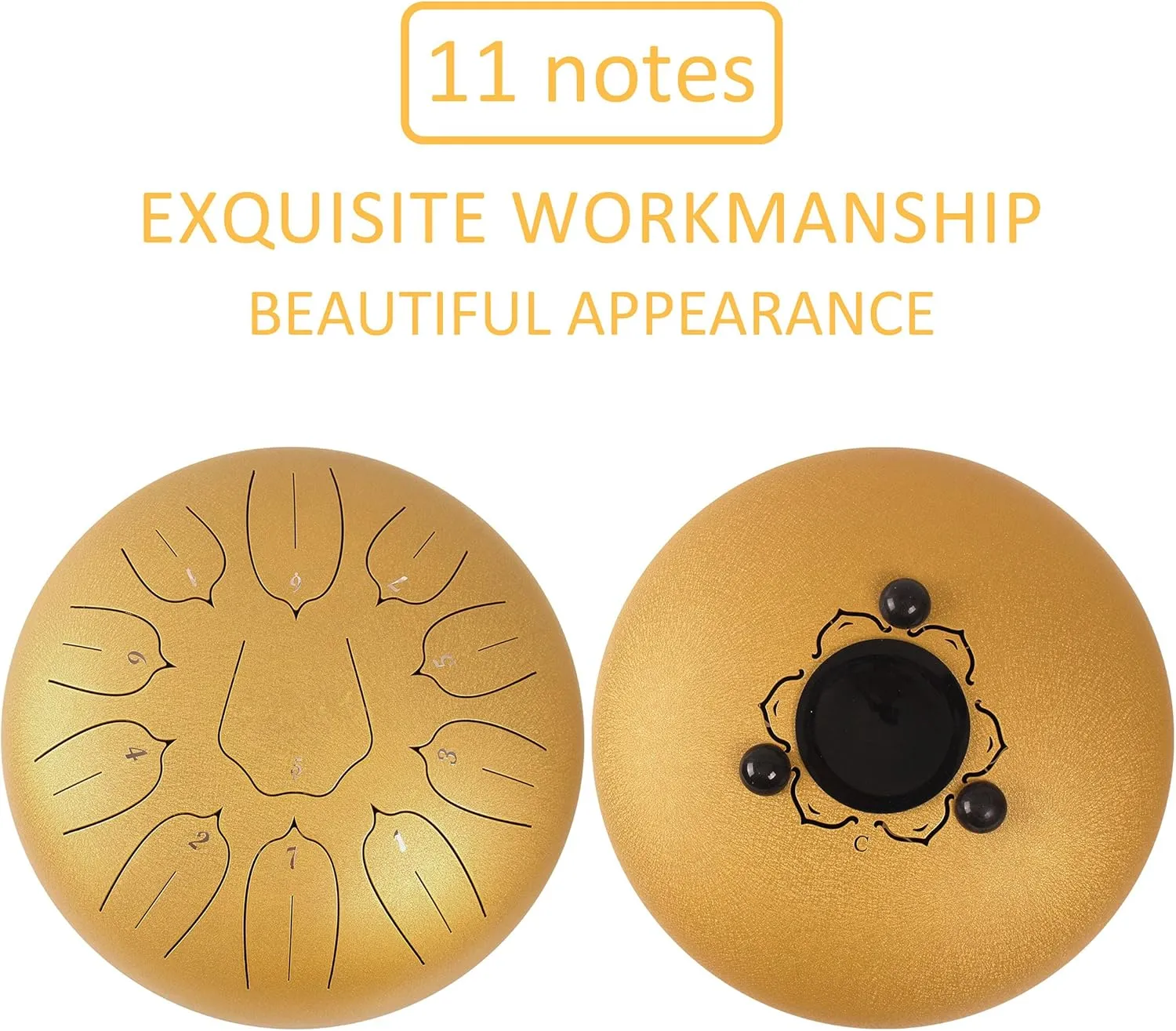 Steel Tongue Drum 12 Inch 11 Notes for Adults - Ethereal Metal Instrument for Meditation & Yoga with Music Book, Mallets & Carry Bag (Gold)