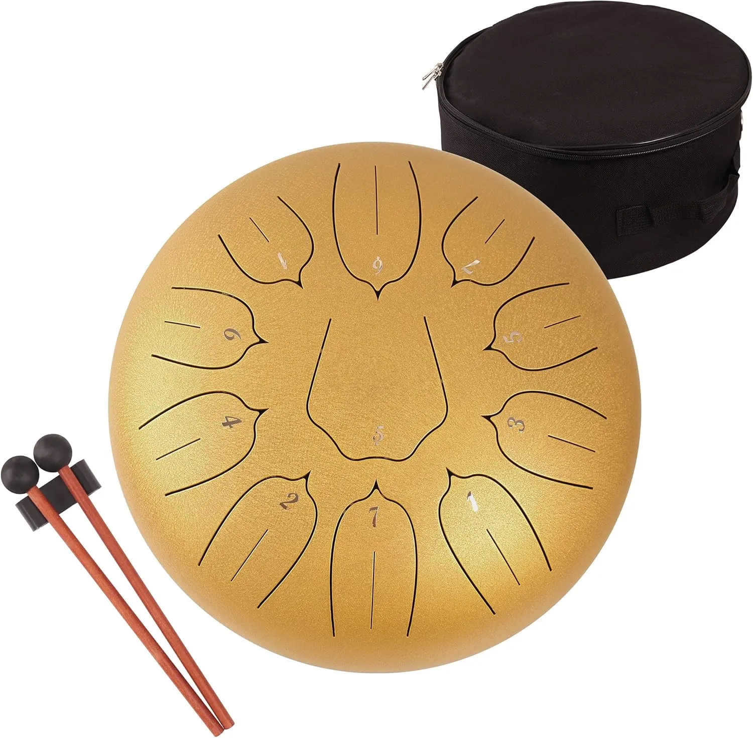 Steel Tongue Drum 12 Inch 11 Notes for Adults - Ethereal Metal Instrument for Meditation & Yoga with Music Book, Mallets & Carry Bag (Gold)