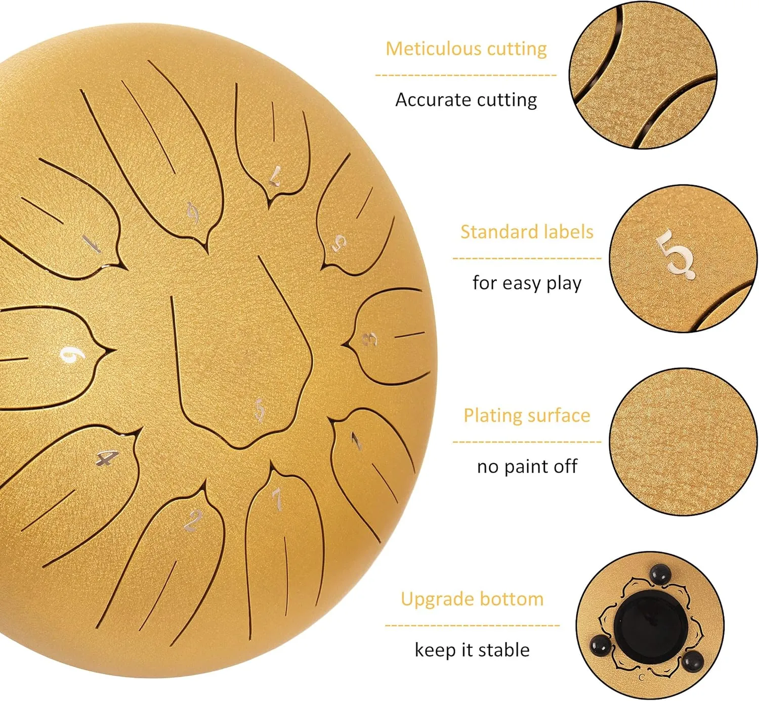 Steel Tongue Drum 12 Inch 11 Notes for Adults - Ethereal Metal Instrument for Meditation & Yoga with Music Book, Mallets & Carry Bag (Gold)