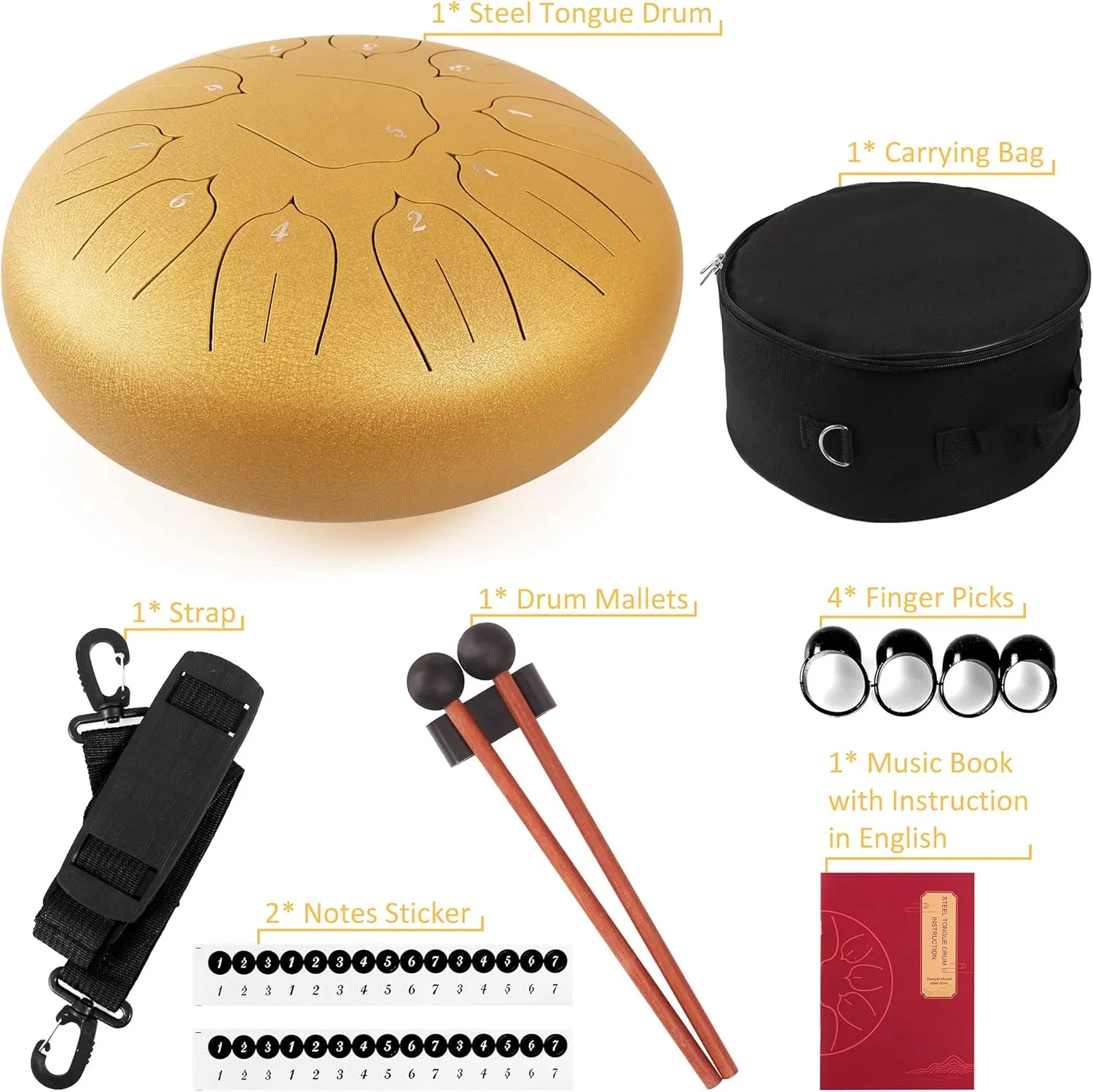 Steel Tongue Drum 12 Inch 11 Notes for Adults - Ethereal Metal Instrument for Meditation & Yoga with Music Book, Mallets & Carry Bag (Gold)