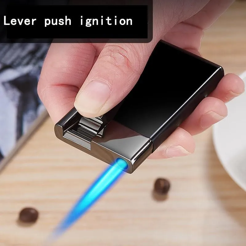 Stylish Windproof Rechargeable Lighter, Metal Butane Gas Lighter, Turbo Direct Injection Lighter, Thin (Thickness 9mm), Visible transom, Archimedes Lever Button (no Gas)(Color:Yellow)