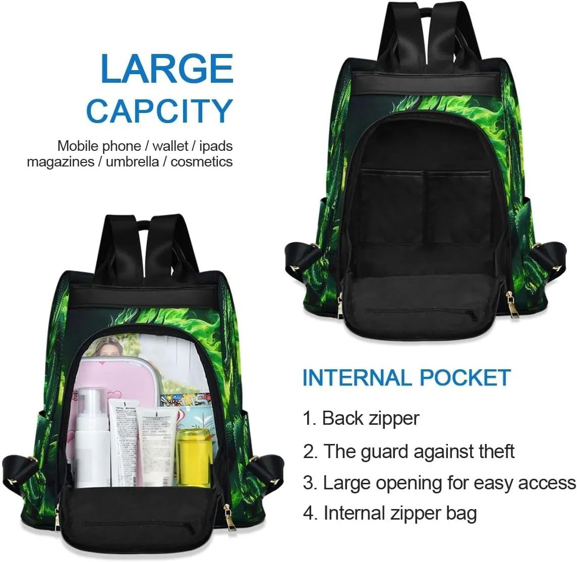 SUABO Green Fire Dragon Women Backpack Purse Anti-theft Casual Shoulder Bag Fashion Ladies Bags