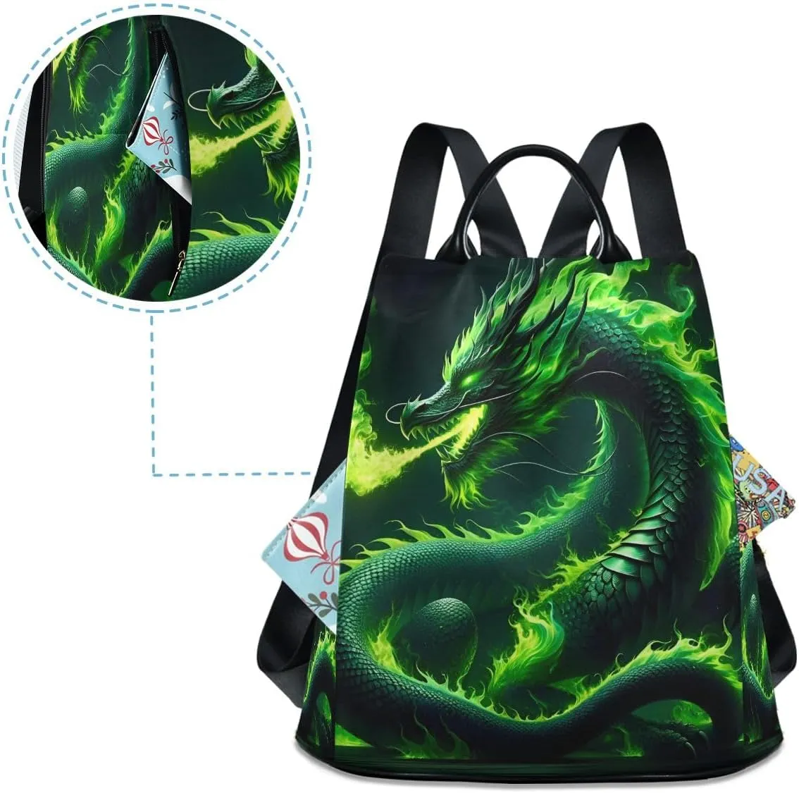 SUABO Green Fire Dragon Women Backpack Purse Anti-theft Casual Shoulder Bag Fashion Ladies Bags