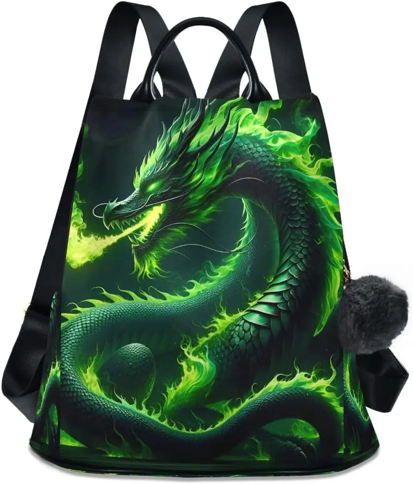 SUABO Green Fire Dragon Women Backpack Purse Anti-theft Casual Shoulder Bag Fashion Ladies Bags