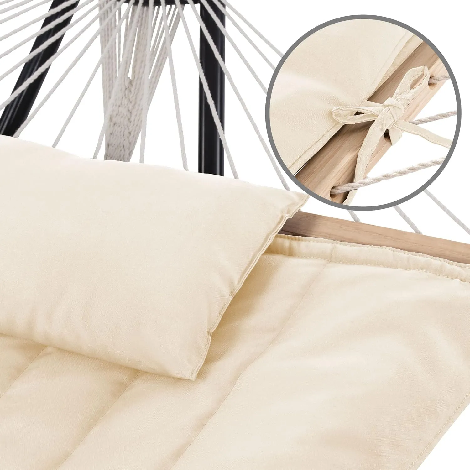 SUNCREAT 2 Person Hammock with Hardwood Spreader Bar, Outdoor Rope Hammock with Polyester Pad, 475 lbs Capacity, Beige