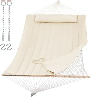 SUNCREAT 2 Person Hammock with Hardwood Spreader Bar, Outdoor Rope Hammock with Polyester Pad, 475 lbs Capacity, Beige