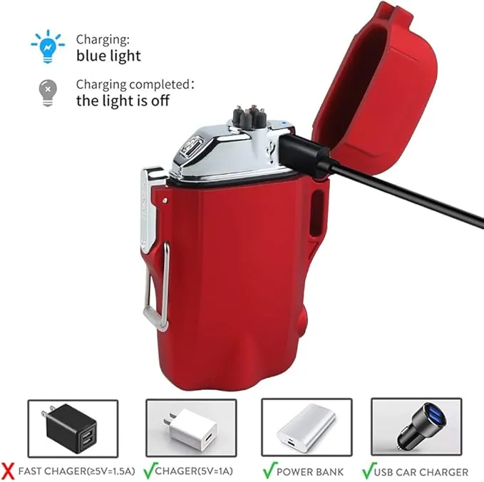 SUPRUS Waterproof Lighter 3 Modes of Flashlight Windproof Lighter Dual Arc Electric Lighters Rechargeable Dual Arc Plasma Lighter with Survival Emergency Whistle and Lanyard Red