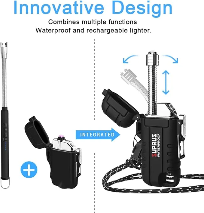 SUPRUS Waterproof Lighter Windproof Lighter Arc Plasma Lighters USB-C Rechargeable with Expandable and Flexible Neck for Outdoor, Camping & Kitchen (Black)