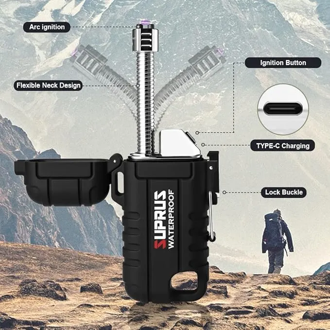SUPRUS Waterproof Lighter Windproof Lighter Arc Plasma Lighters USB-C Rechargeable with Expandable and Flexible Neck for Outdoor, Camping & Kitchen (Black)