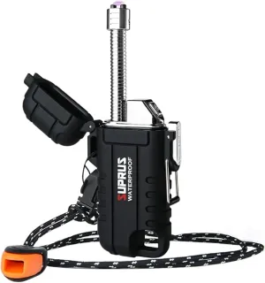 SUPRUS Waterproof Lighter Windproof Lighter Arc Plasma Lighters USB-C Rechargeable with Expandable and Flexible Neck for Outdoor, Camping & Kitchen (Black)