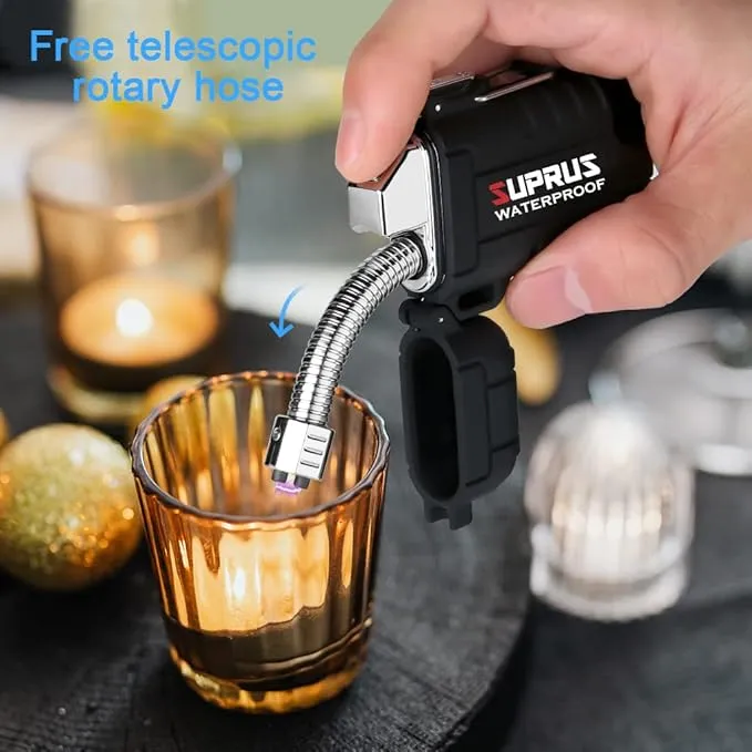SUPRUS Waterproof Lighter Windproof Lighter Arc Plasma Lighters USB-C Rechargeable with Expandable and Flexible Neck for Outdoor, Camping & Kitchen (Black)