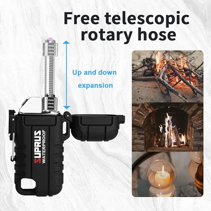 SUPRUS Waterproof Lighter Windproof Lighter Arc Plasma Lighters USB-C Rechargeable with Expandable and Flexible Neck for Outdoor, Camping & Kitchen (Black)