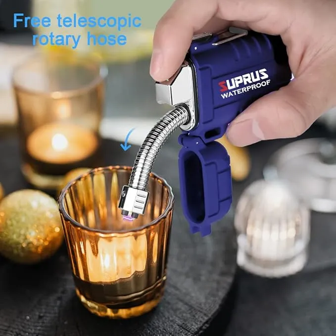 SUPRUS Waterproof Lighter Windproof Lighter Arc Plasma Lighters USB-C Rechargeable with Expandable and Flexible Neck for Outdoor, Camping & Kitchen (Blue)