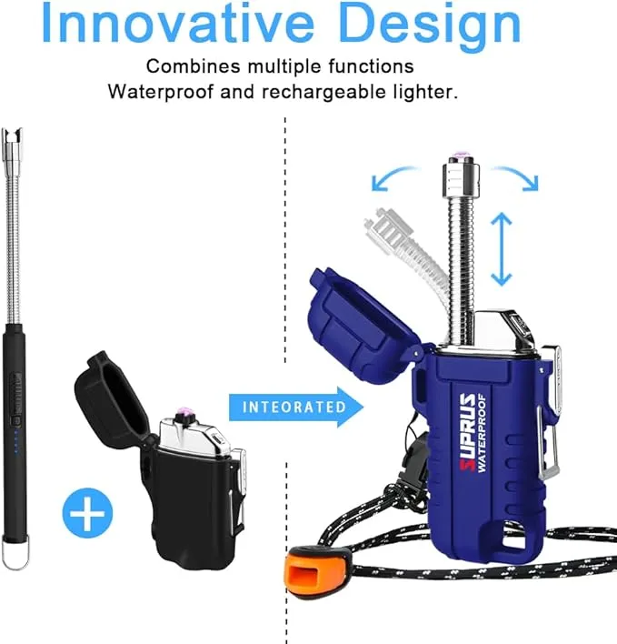 SUPRUS Waterproof Lighter Windproof Lighter Arc Plasma Lighters USB-C Rechargeable with Expandable and Flexible Neck for Outdoor, Camping & Kitchen (Blue)