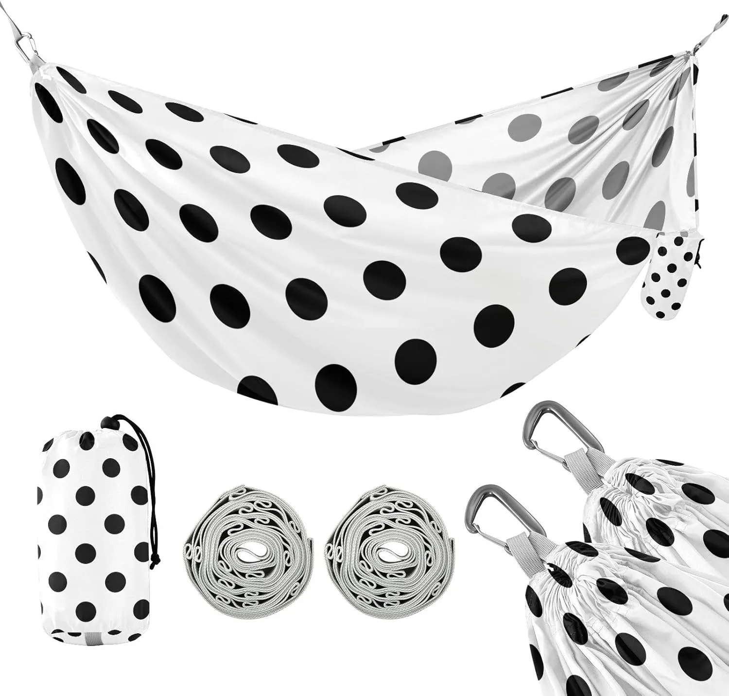 susiyo Portable Camping Hammock Black and White Polka Dot Printed Lightweight Hammock Comfortable Travel Swing with Tree Straps for Camping Hiking Backpacking Travel or Beach - Up to 330lbs