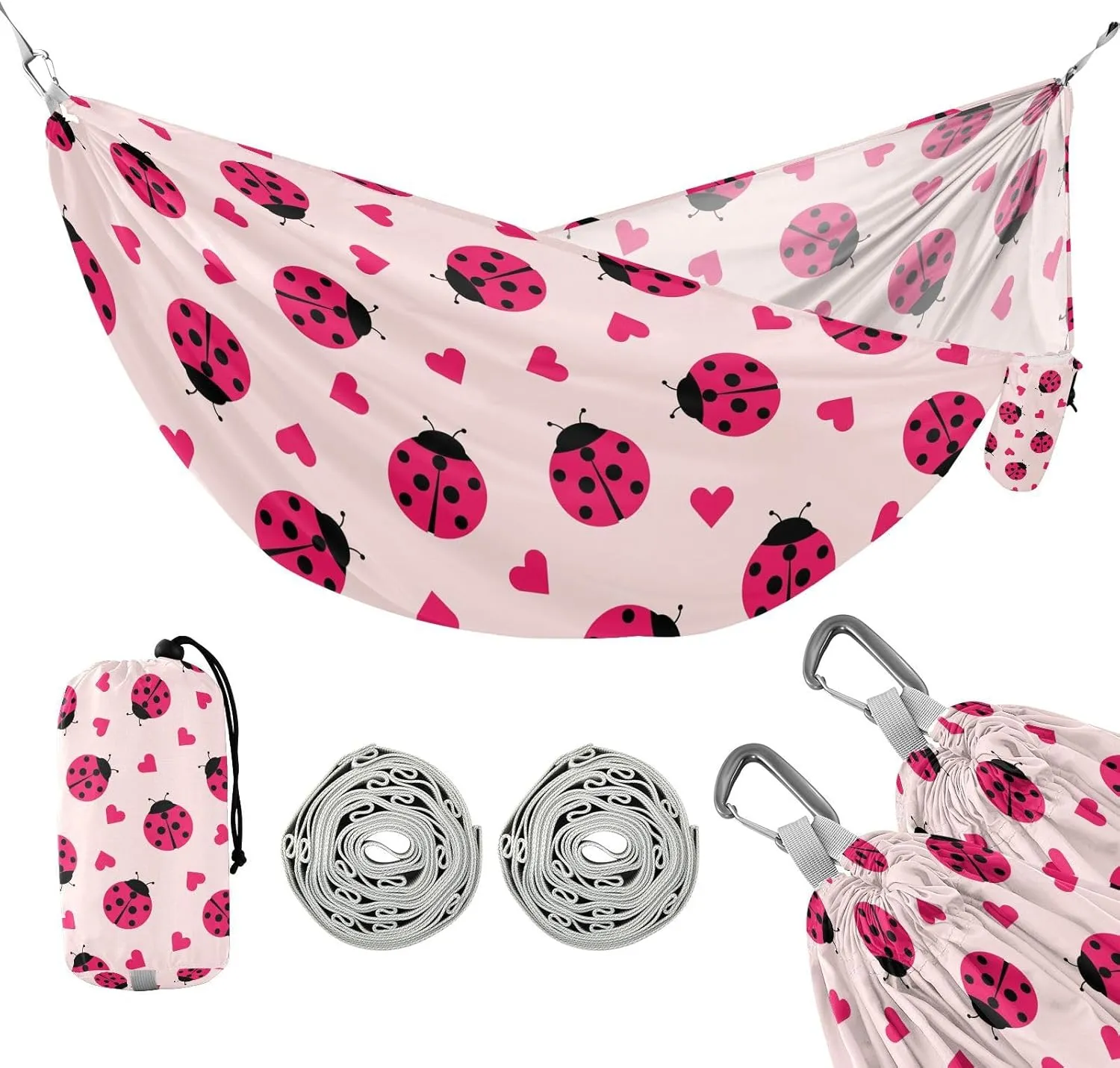 susiyo Portable Camping Hammock Cute Ladybug Hearts Printed Lightweight Hammock Comfortable Travel Swing with Tree Straps for Camping Hiking Backpacking Travel or Beach - Up to 330lbs