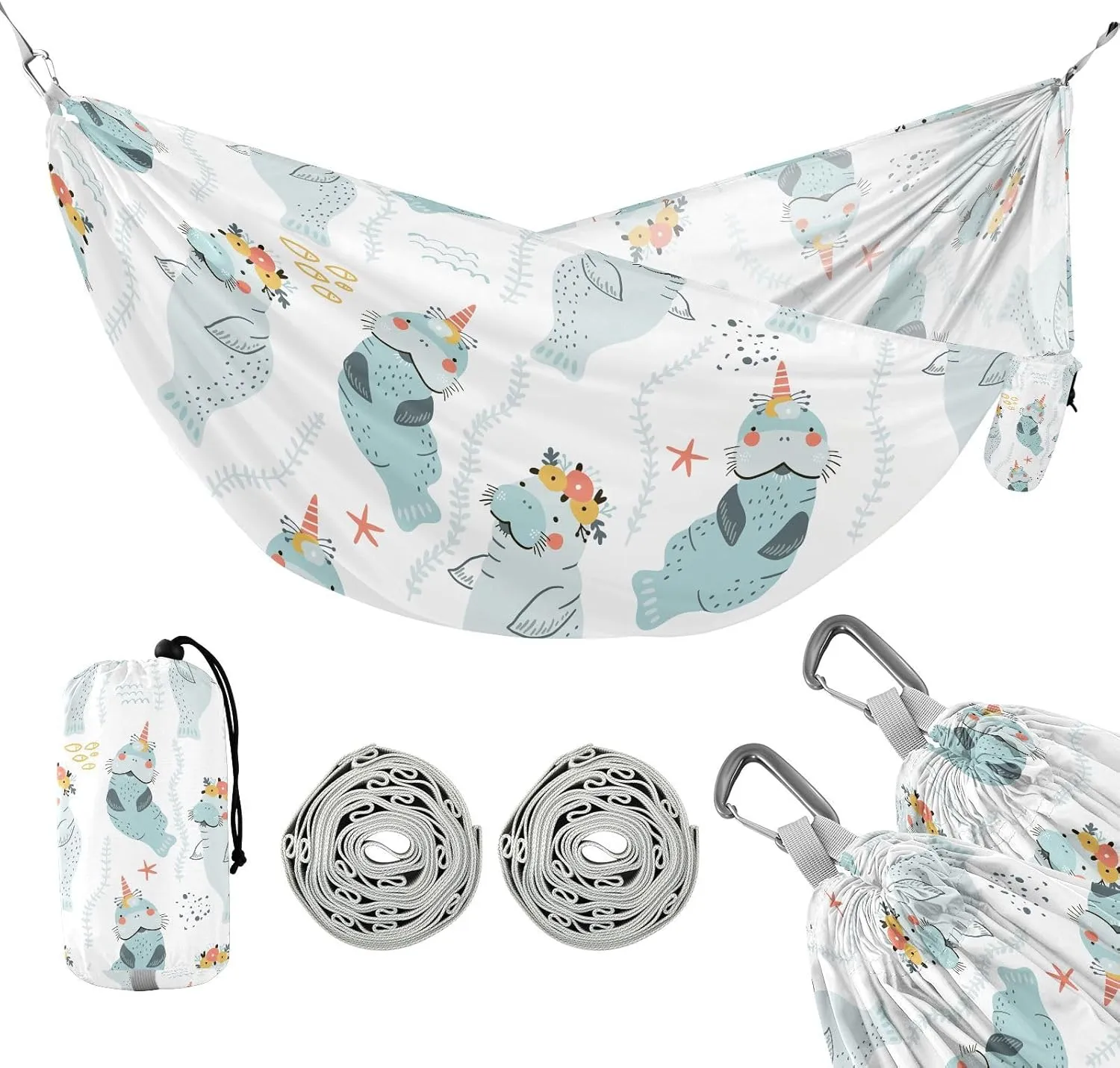 susiyo Portable Camping Hammock Cute Manatees with Floral Wreaths Printed Lightweight Hammock Comfortable Travel Swing with Tree Straps for Camping Hiking Backpacking Travel or Beach - Up to 330lbs