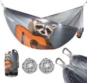 susiyo Portable Camping Hammock Funny Raccoon with Acoustic Guitar Printed Lightweight Hammock Comfortable Travel Swing with Tree Straps for Camping Hiking Backpacking Travel or Beach - Up to 330lbs